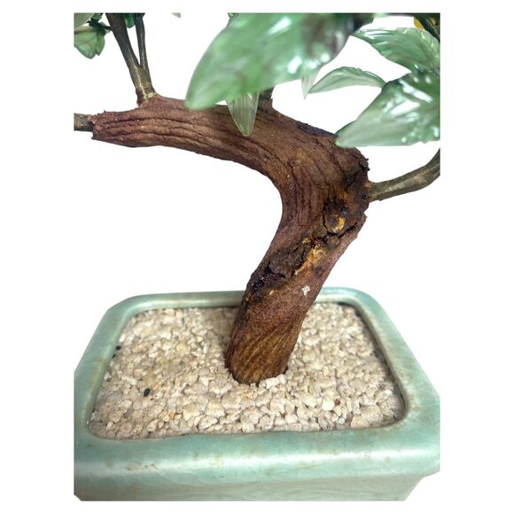 Vintage Jade Gemstone Bonsai Tree Pink White Flowers Glass Leaves 9" Pot - Picture 11 of 11